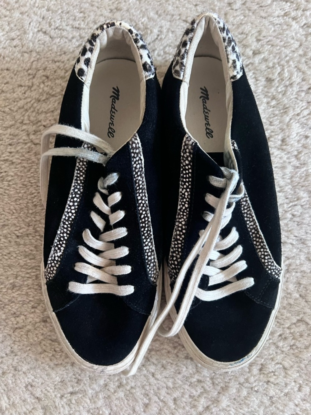 Madewell Black Suede Sneakers with White Laces Leopard Fur Trim 9 SEE PHOTOS